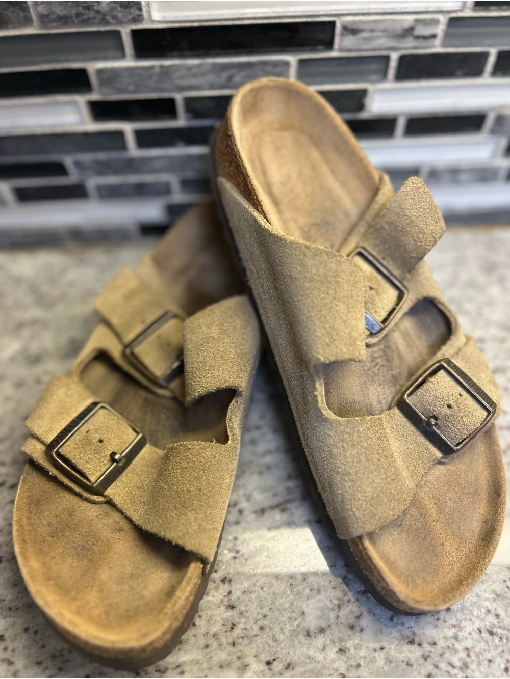 Birkenstock Arizona Suede Double-Buckle Slide Sandals in Tan women’s size 7 (38)
